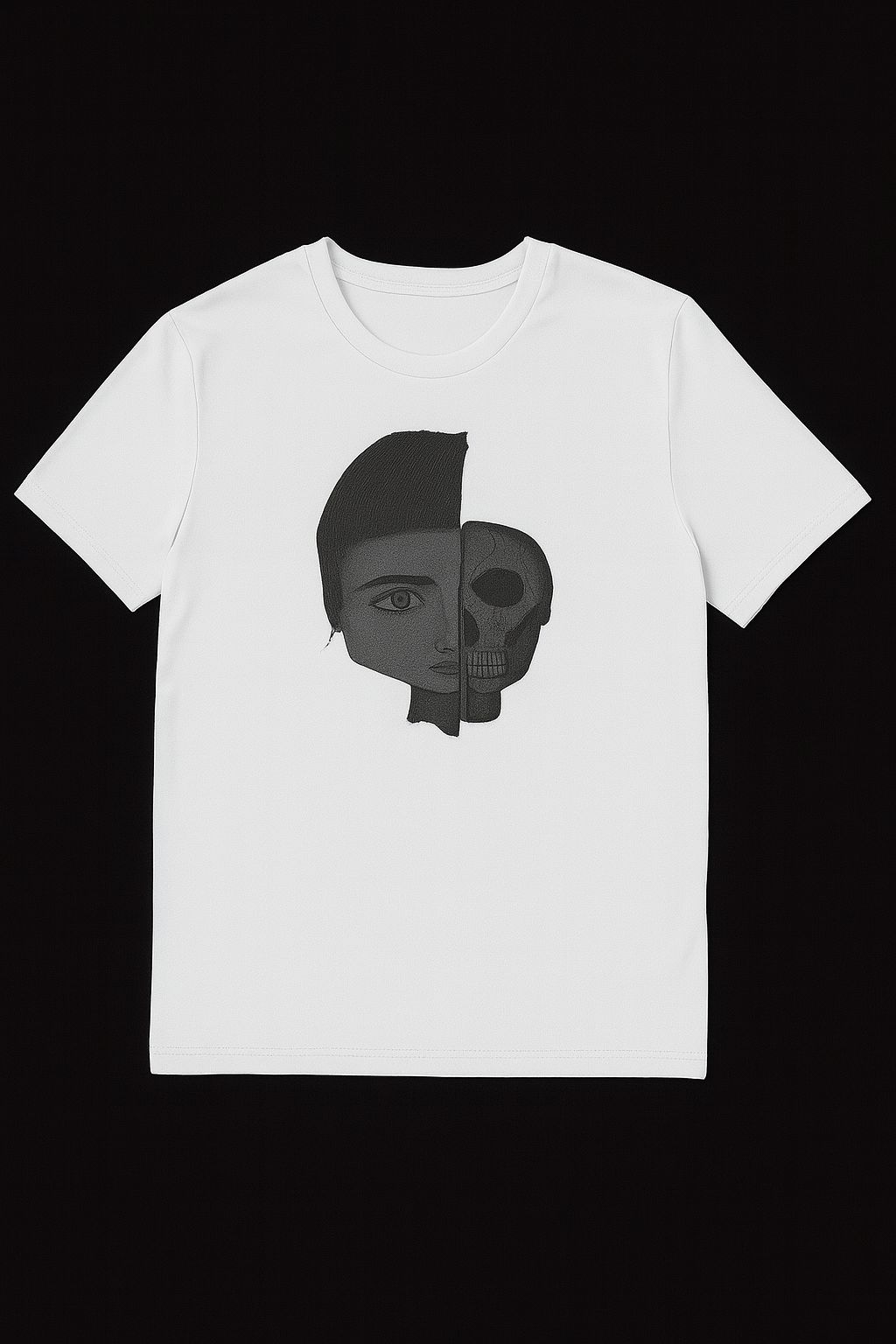 Schwarzes T-Shirt mit Halbgesicht- und Totenkopf-Design – in mehreren Farben erhältlich