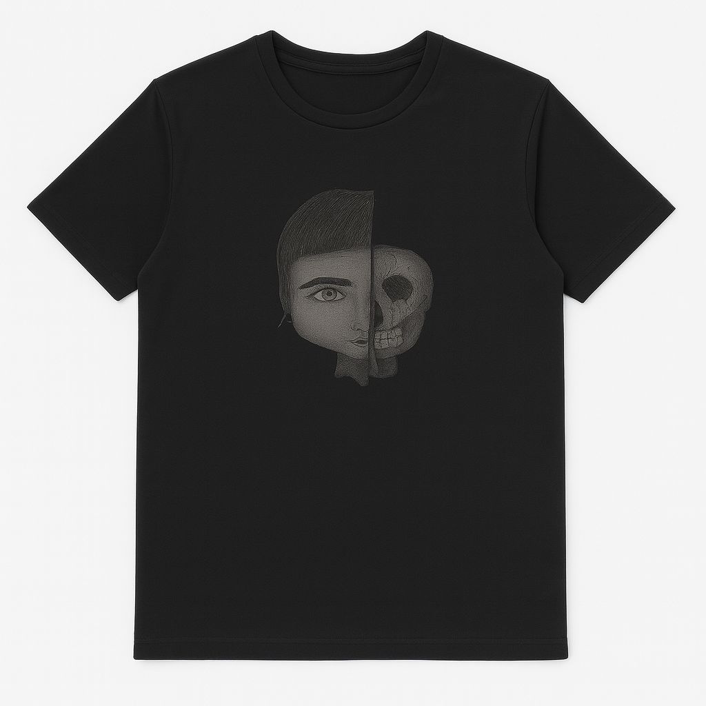 Schwarzes T-Shirt mit Halbgesicht- und Totenkopf-Design – in mehreren Farben erhältlich