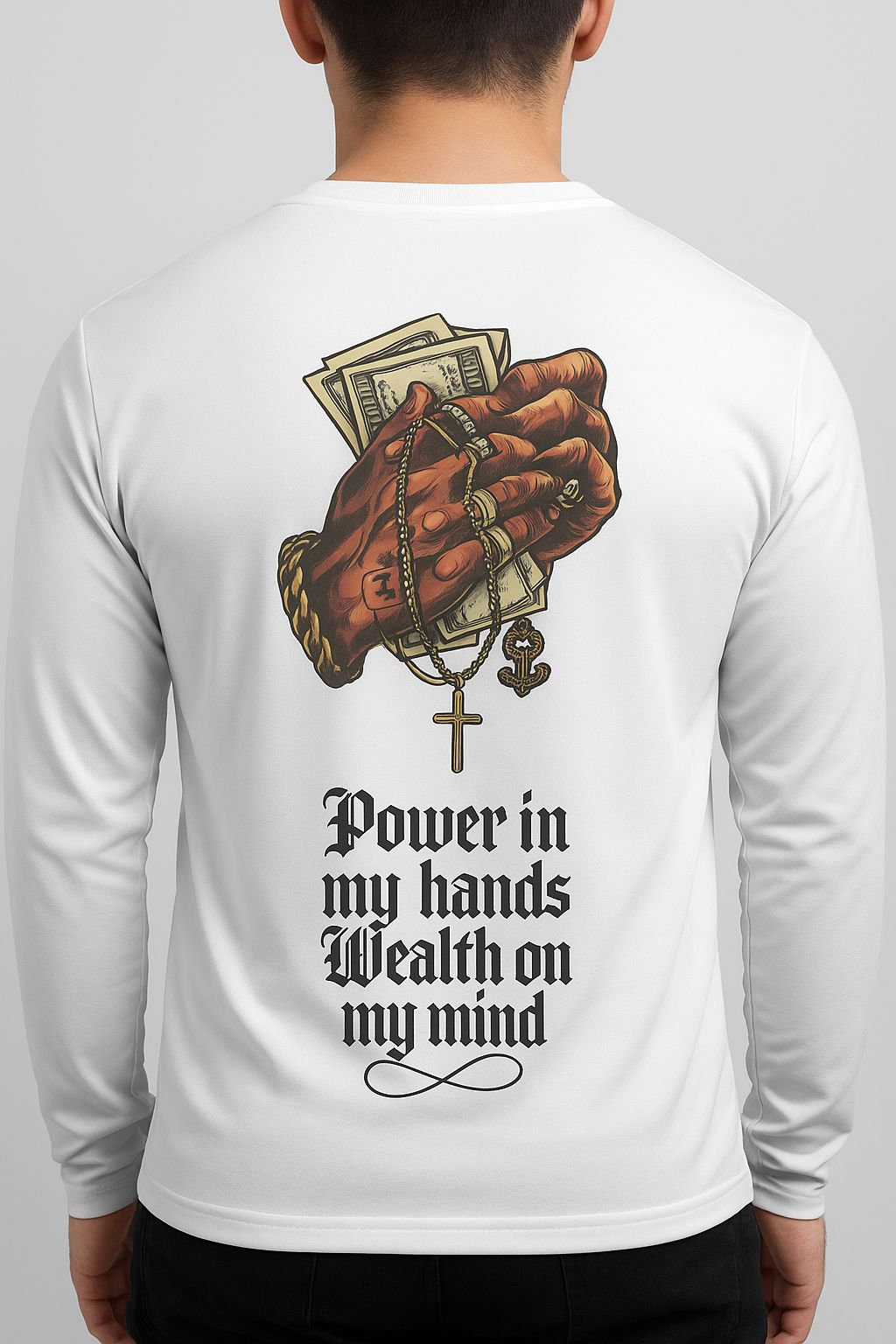 Leichter Weißer Langarm-Sweatshirt – „Power in My Hands“ Rückenprint