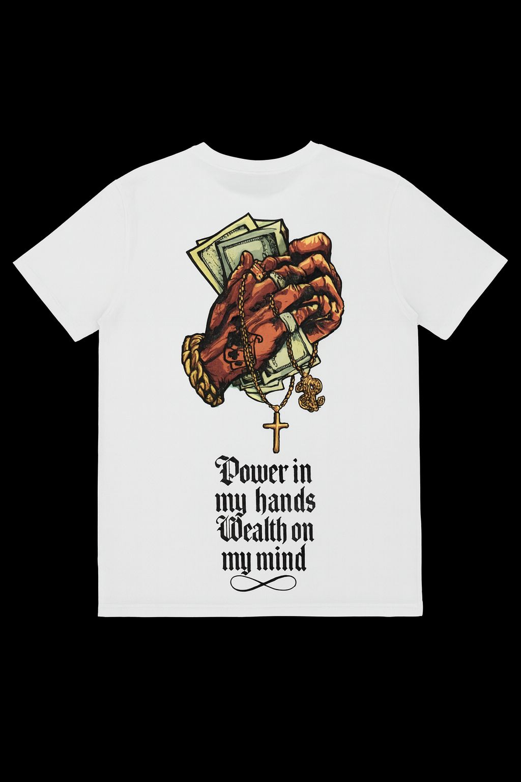 Leichter Weißer T-Shirt -Sweatshirt – „Power in My Hands“ Rückenprint